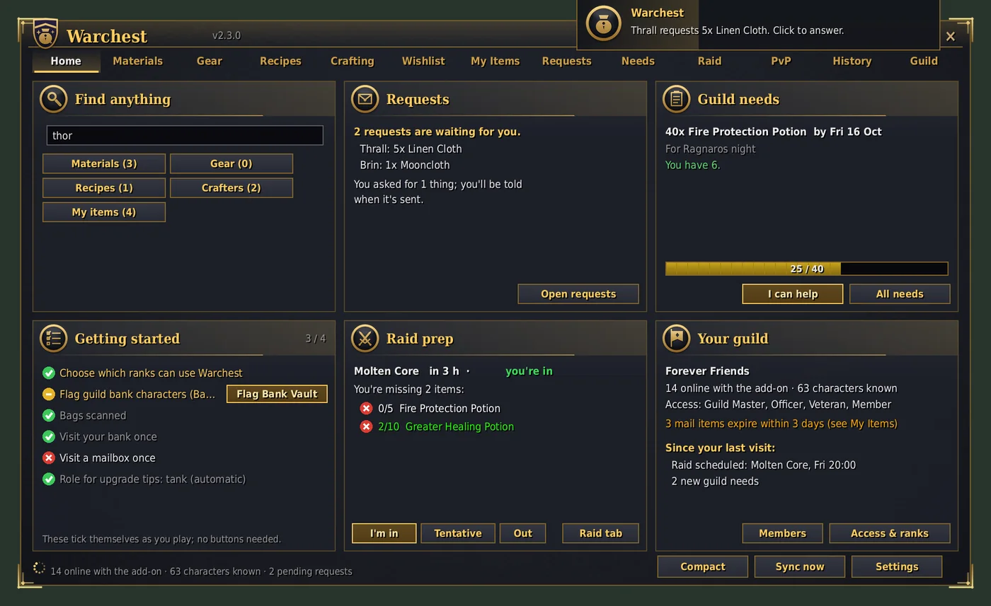 The Warchest window on its Home tab: six cards for finding items, requests, guild needs, setup, raid prep and your guild