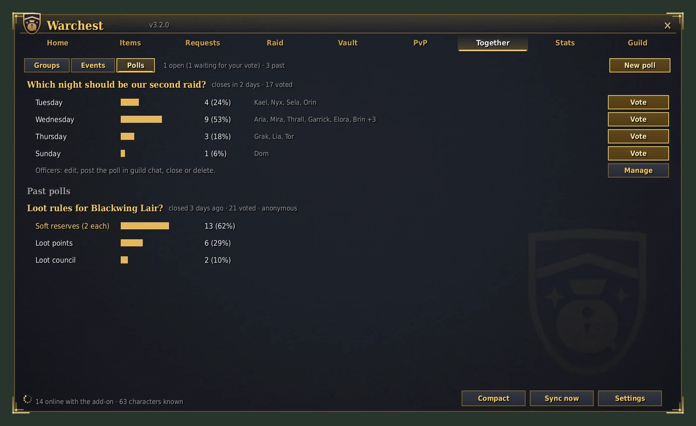 Together tab, Polls page: an open poll with vote bars and a past poll with its results