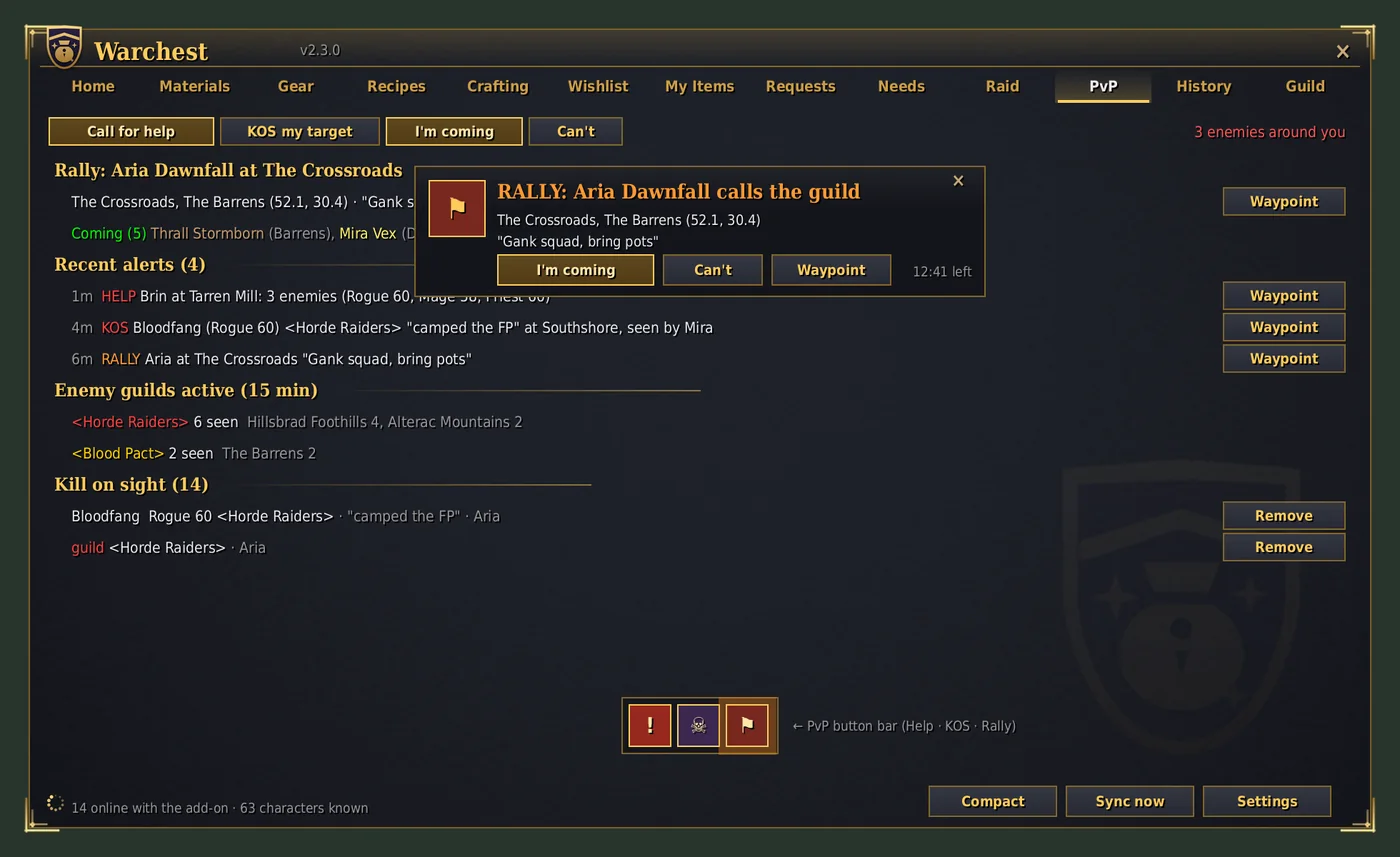 PvP tab during a rally, with the rally pop-up and the button bar