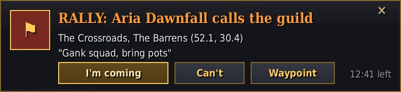 Rally pop-up: I'm coming, Can't, Waypoint, 12:41 left