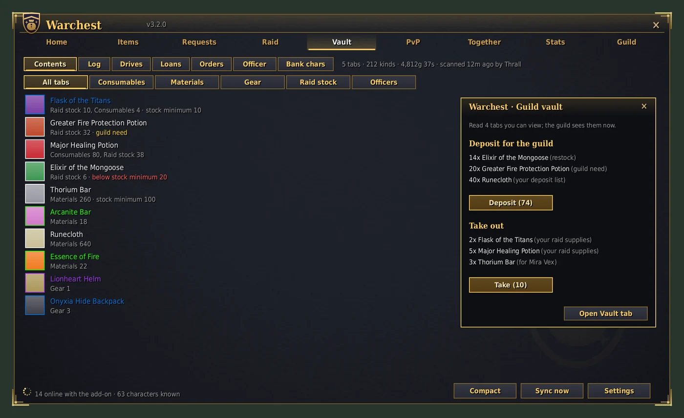 Vault tab, Contents page, with the Warchest panel open on the guild vault
